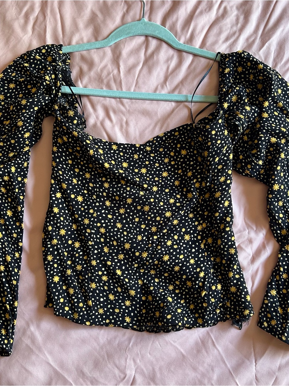 Reformation Black Puff-Sleeve Square Neck Floral Top